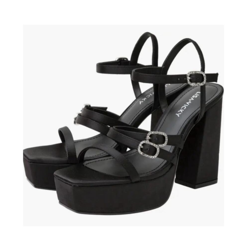 New Lisa Vicky Babe Black Satin Platform Chunky Heels Size 8.5 Open Toe